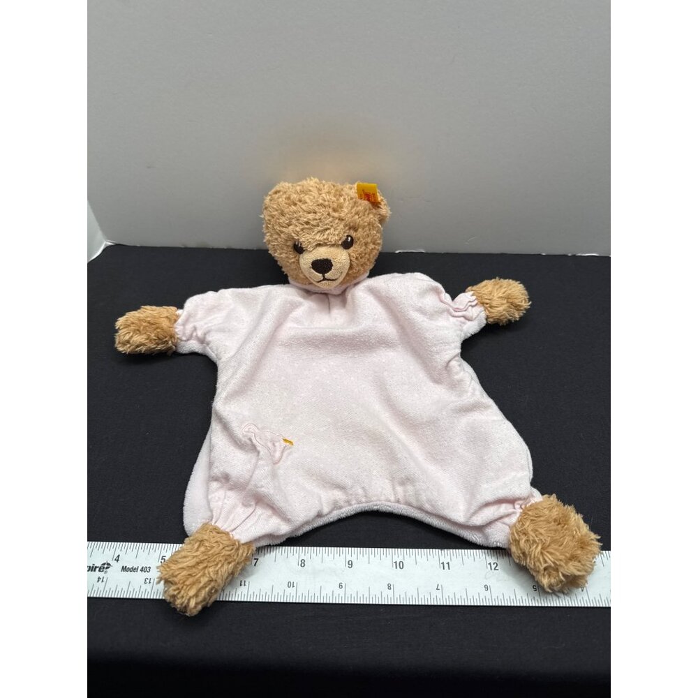 Steiff Bear Pink Dots Flannel Minky Lovey Blanket 12" Soft Plush Babies